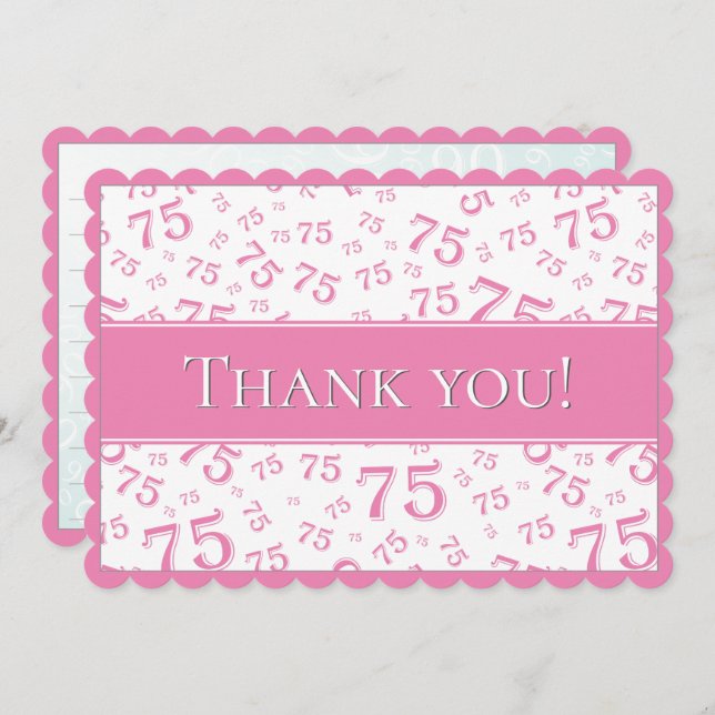 75 "Thank you!" Pink/White Number Pattern Tack Kort (Fram/baksida)