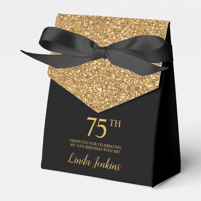 75th Birthday Black Gold Glitter Thank You Presentaskar (Framsidan Sidan)