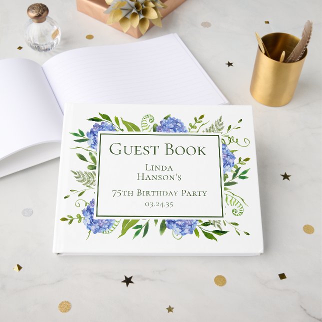 75th Birthday Blue Hydrangeas Gästböcker (Framsida Öppen)