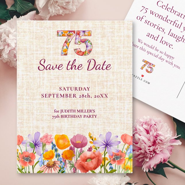75th Birthday Flowers - 75 Elegant Save the Date Meddelande Vykort (Skapare uppladdad)
