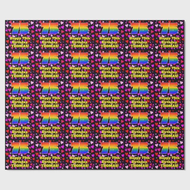 75th Birthday: Loving Hearts Pattern, Rainbow # 75 Presentpapper (Platt)