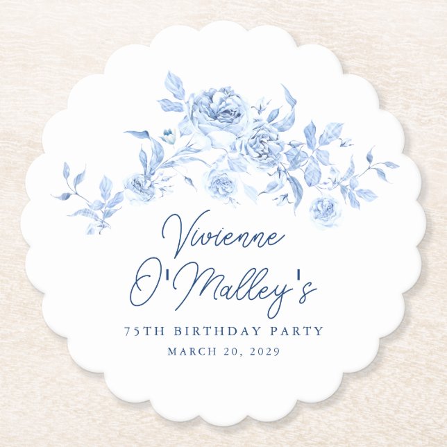 75th Birthday Party Blue Rose Floral Custom Underlägg Papper (Framsida)