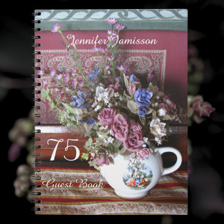 75th Birthday Party Guest Book, Vintage Teapot Anteckningsbok