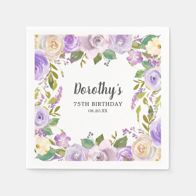 75th Birthday Party Purple Floral Monogram  Pappersservett (Framsidan)