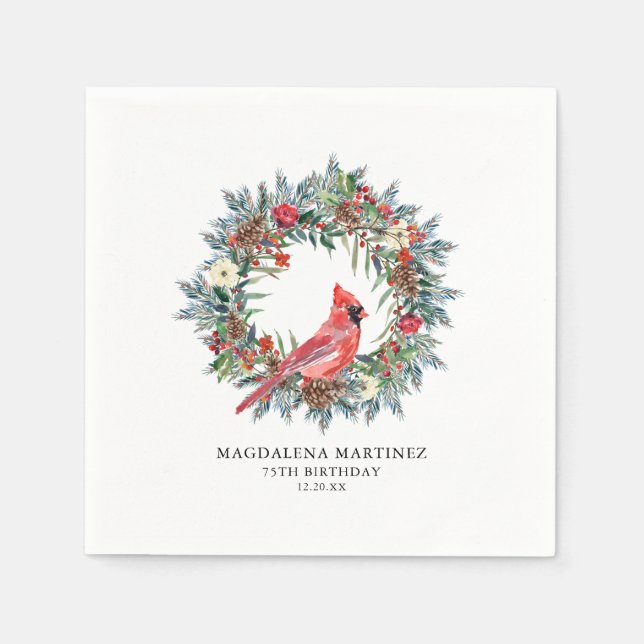 75th Birthday Red Cardinal Wreath Custom Cocktail Pappersservett (Framsidan)
