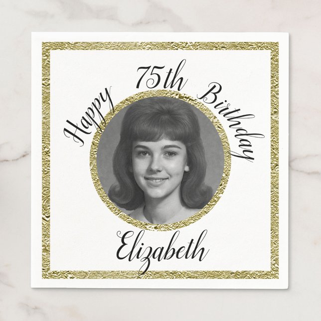 75th Custom Photo White and Gold Birthday Pappersservett (Skapare uppladdad)