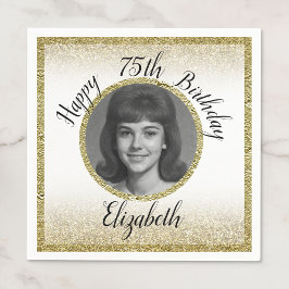 75th Custom Photo White and Gold Birthday Pappersservett