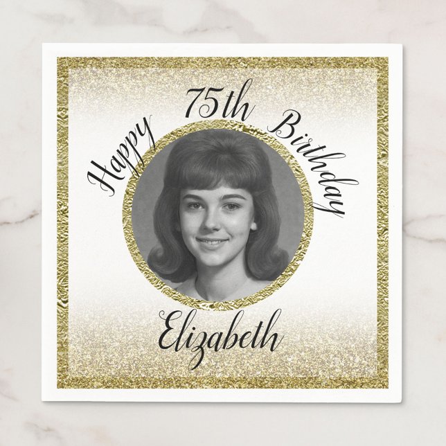 75th Custom Photo White and Gold Birthday Pappersservett (Skapare uppladdad)