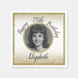 75th Custom Photo White and Gold Birthday Pappersservett