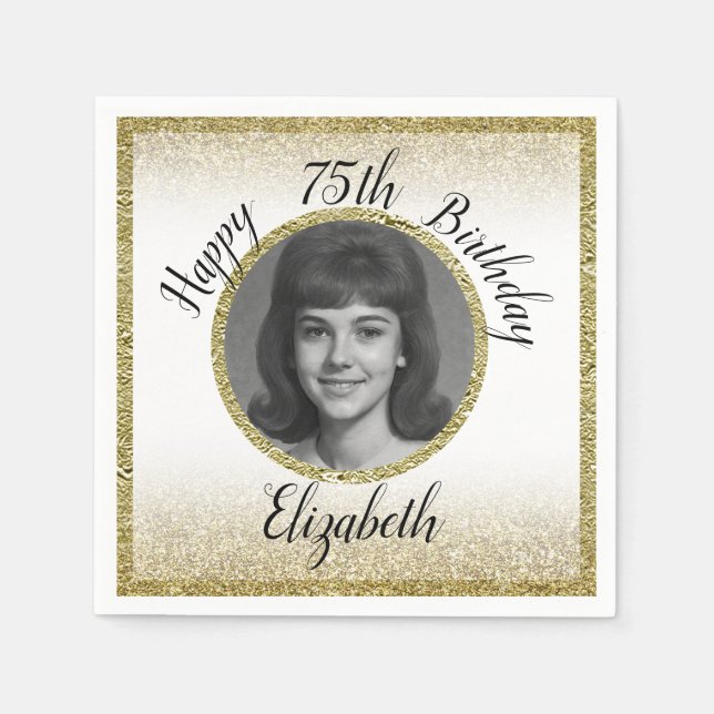 75th Custom Photo White and Gold Birthday Pappersservett (Framsidan)