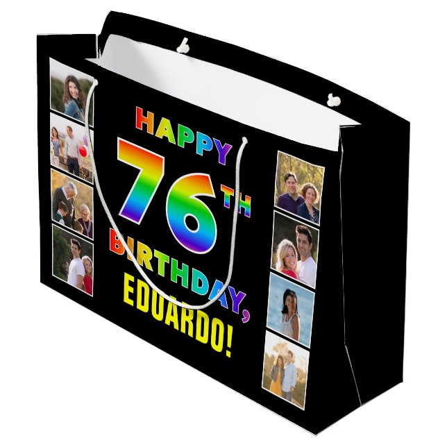 76-årsdag: Regnbågstext, anpassade foton och namn (Baksidan Vinklad)
