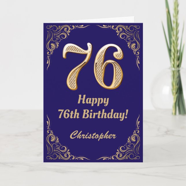 76:e födelsedag Blått och Guld Glitter Ram Kort (Framsida)