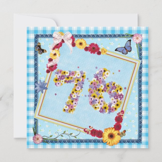 76:e Födelsedagsfest inbjudan-blommor,fjärilar Inbjudningar (Framsida)