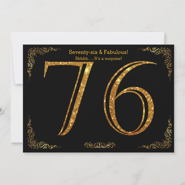 76:e Födelsedagsfesten,Gatsby styl,svart guld glit Inbjudningar (Framsida)