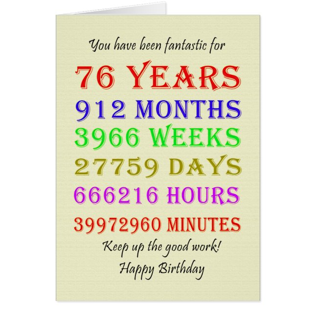 76:e födelsedagsmilstolpar hälsningskort (Framsidan)