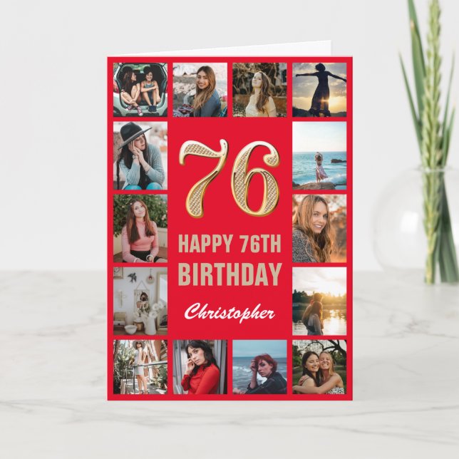76:e Grattis på födelsedagen Red and Guld Photo Co Kort (Framsida)