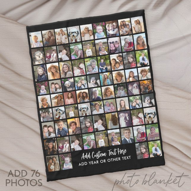 76 Photo Collage Grid with Text - black Fleecefilt (Custom Fleece Blanket with Photo Collage)