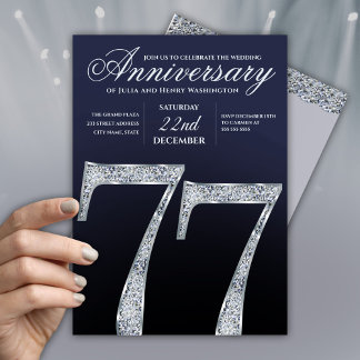 77-årsjubileum Diamant Silver Marinblå Modern Inbjudningar