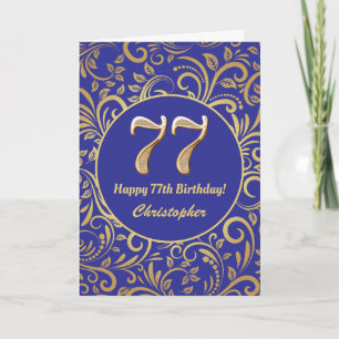 77:e födelsedag Blommönstret Blue och Guld Kort