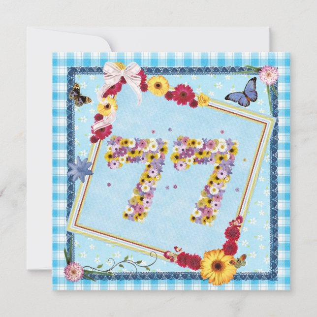 77:e Födelsedagsfest inbjudan-blommor,fjärilar Inbjudningar (Framsida)