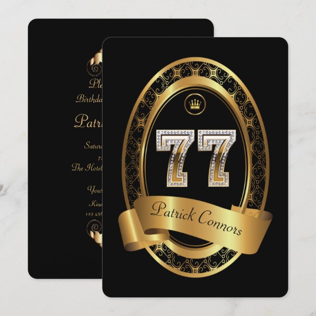 77:e, födelsedagsfest kvinnlig man,elegant färg inbjudningar (Fram/baksida)