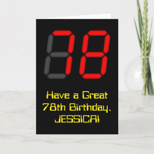 78-årsdag: Red Digital Clock Style "78" + Namn Kort