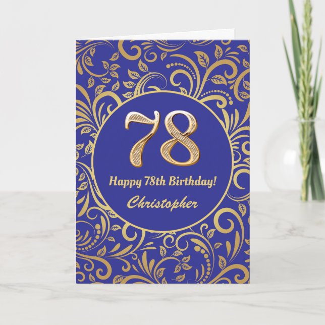 78:e födelsedag Blommönstret Blå och Guld Kort (Framsida)