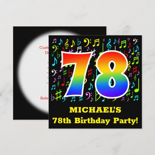 78:e Födelsedagsfesten: Roligt Music Symbols, Rain Inbjudningar (Fram/baksida)
