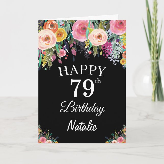 79-årsdag Akvarell Blommor Svart Kort (Framsida)