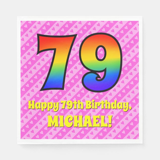 79:e födelsedagen: Rosa Rand & Hearts, regnbåge nr Pappersservett (Framsidan)