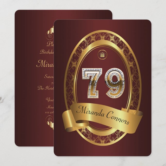 79:e,födelsedagsfest kvinna man,elegant färg inbjudningar (Fram/baksida)