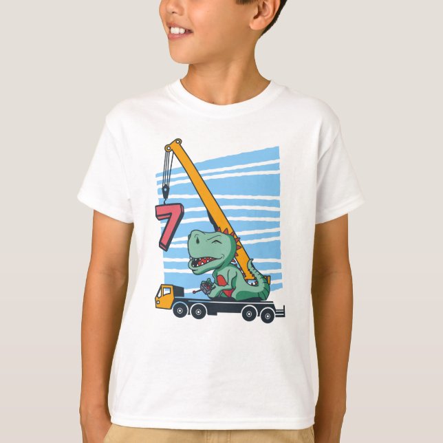 7 år 7:e Birthday Mobile Crane Dinosaur T Shirt (Framsida)
