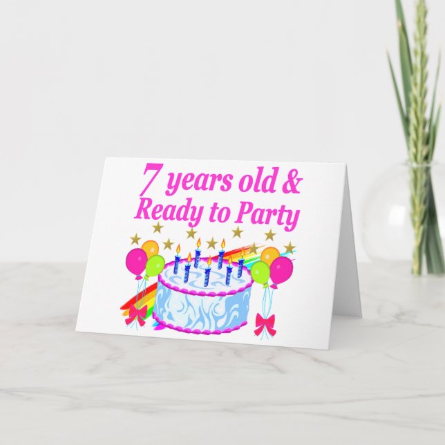 7 ÅR GAMLA OCH REDO TILL PARTY BIRTHDAY GIRL KORT (Framsida)