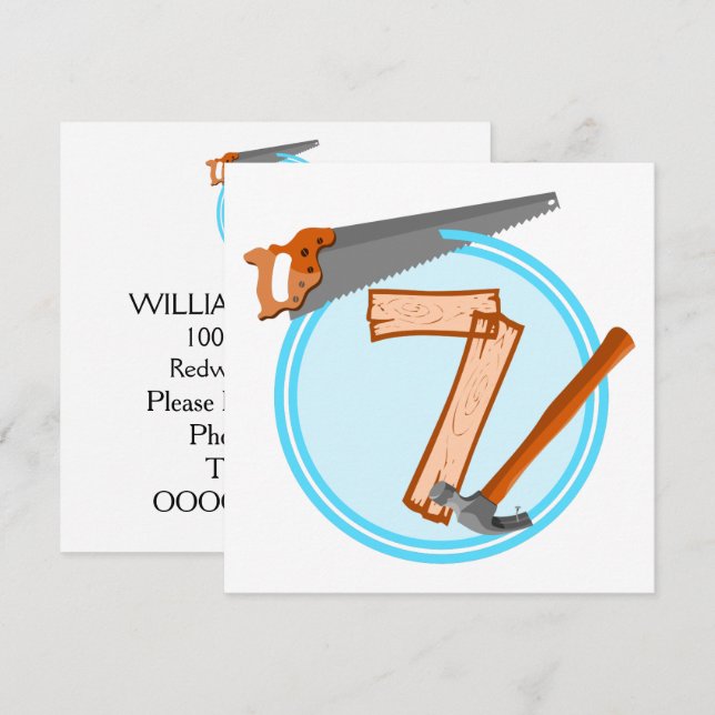 7-årig pojkvän-byggaren verktyg-födelsedagskalende inbjudningar (Fram/baksida)