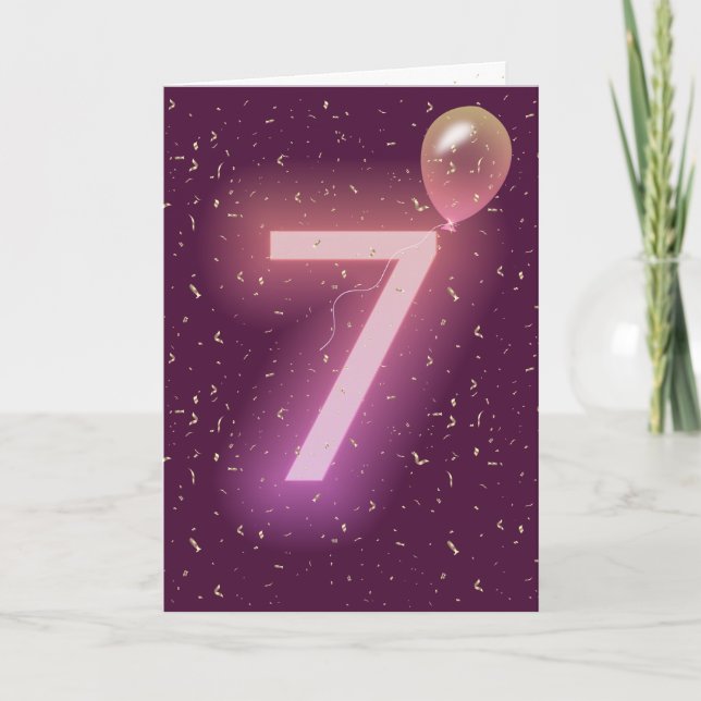 7-års födelsedags neon skylt och ballong kort (Framsida)