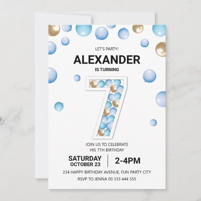 7-års födelsedagsfest, blå och gul ballongpojke inbjudningar (Framsida)