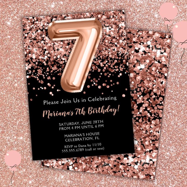 7-års födelsedagsinbjudan Svart Ros Guld Glitter Inbjudningar (Skapare uppladdad)