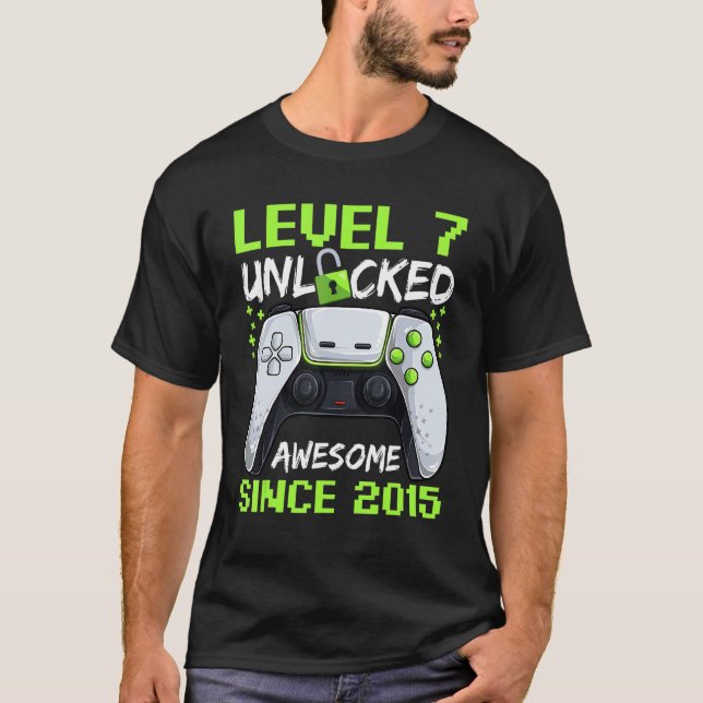 7 års Gamer Boy Birthday 7 Level olåst 2 T Shirt (Framsida)