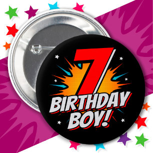 7 års gammal superhjälte Birthday Boy 7:e Birthday Knapp