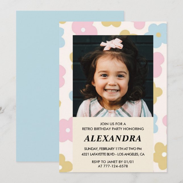 7-års inbjudan Retro Groovy Blommor Söt (Fram/baksida)