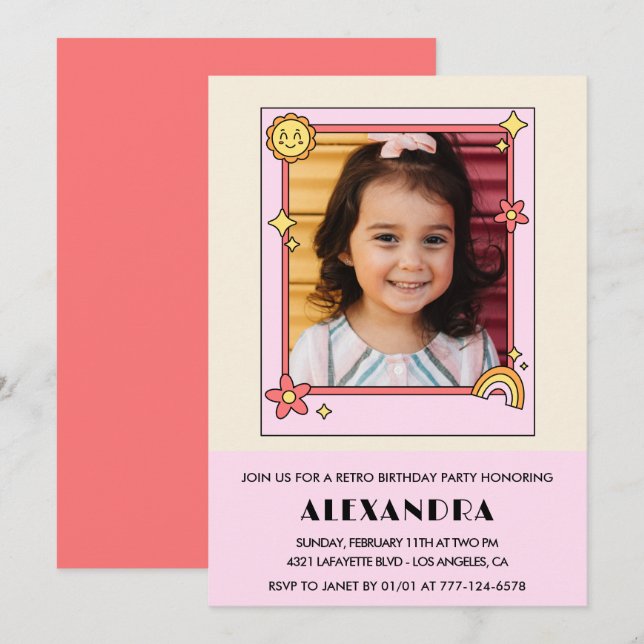 7-års inbjudan Retro Groovy Rosa Blommig (Fram/baksida)