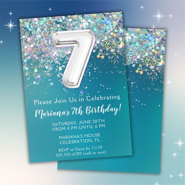 7-års inbjudan Teal Silver Glitter (Skapare uppladdad)