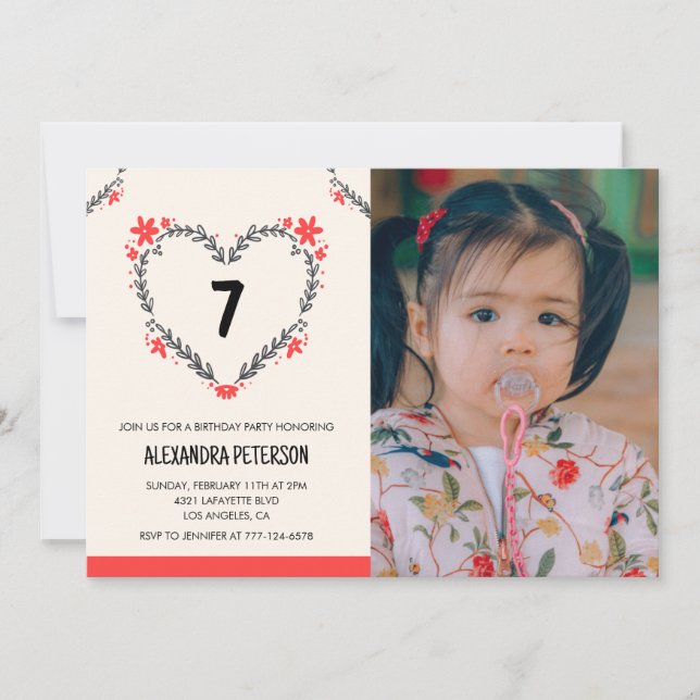 7-års inbjudningar till henne Blommig Hjarta (Framsida)