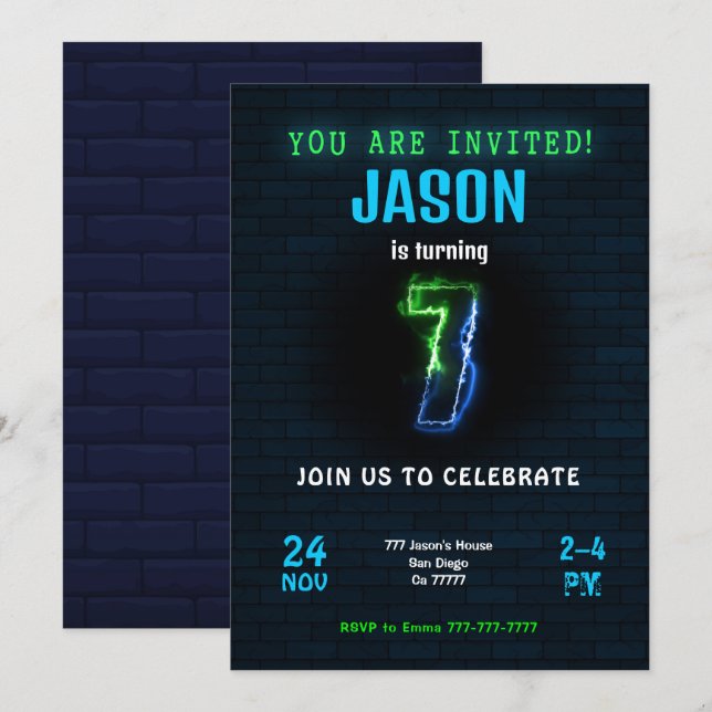 7-års pojkfödelsedagsinbjudan inbjudningar (Fram/baksida)