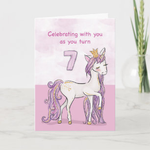 7-årsdag Rosa Häst Med Krona Kort