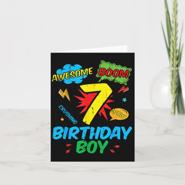 7 Birthday Boy Comic Cool 7th Bday Superhero Party Kort (Framsida)