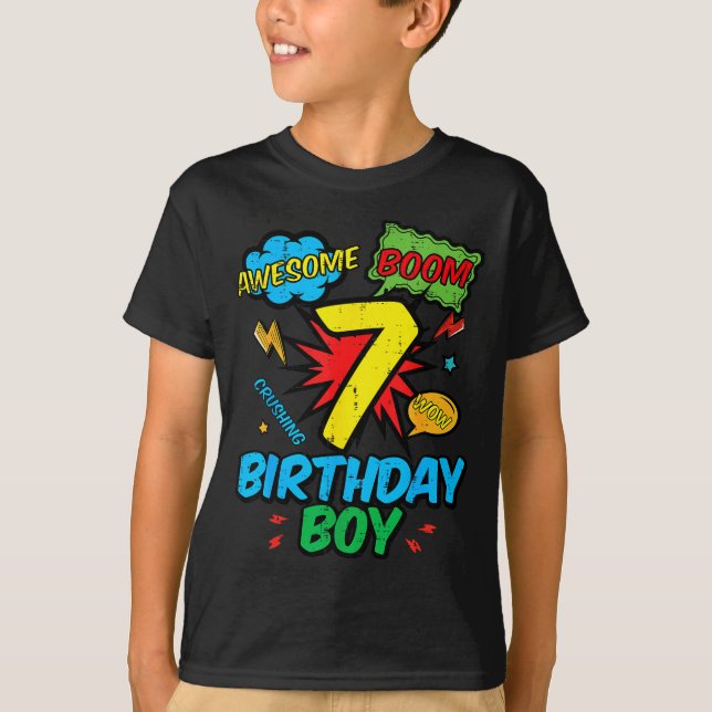 7 Birthday Boy Comic Cool 7th Bday Superhero Party T Shirt (Framsida)