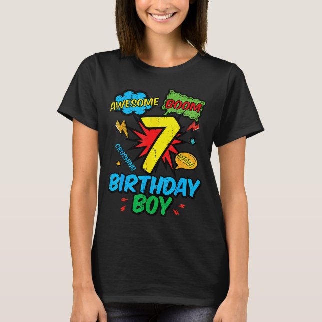 7 Birthday Boy Comic Cool 7th Bday Superhero Party T Shirt (Framsida)