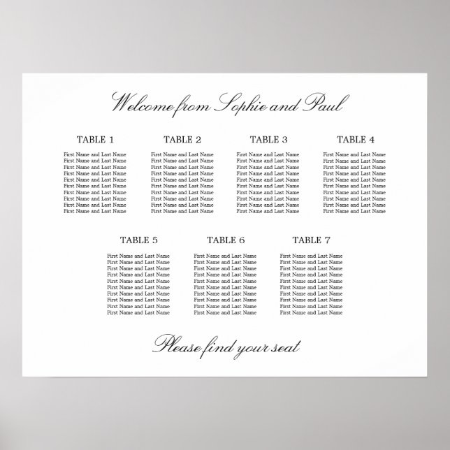 7 Bord Elegant Minimalistisk Sittplatskarta Poster (Framsidan)