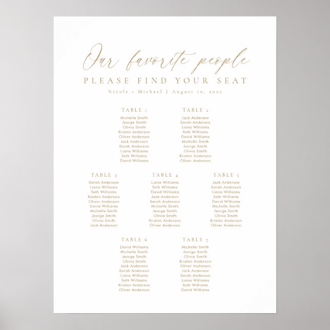 7 Bord Guld Våra Favoritpersoner Placeringsplan Poster (Framsidan)